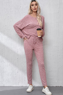  PACK15766-P4010-1, Peach Blossom Ribbed Drop Shoulder Top and Knot Waist Leggings Set