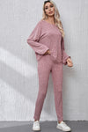 PACK15766-P4010-1, Peach Blossom Ribbed Drop Shoulder Top and Knot Waist Leggings Set