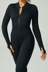 LC2631188-P2-S, LC2631188-P2-M, LC2631188-P2-L, Black Solid Color Long Sleeve Zipped Ribbed Sports Jumpsuit