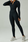 LC2631188-P2-S, LC2631188-P2-M, LC2631188-P2-L, Black Solid Color Long Sleeve Zipped Ribbed Sports Jumpsuit