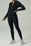 LC2631188-P2-S, LC2631188-P2-M, LC2631188-P2-L, Black Solid Color Long Sleeve Zipped Ribbed Sports Jumpsuit