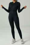 LC2631188-P2-S, LC2631188-P2-M, LC2631188-P2-L, Black Solid Color Long Sleeve Zipped Ribbed Sports Jumpsuit