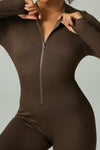 LC2631188-P1017-S, LC2631188-P1017-M, LC2631188-P1017-L, Coffee Solid Color Long Sleeve Zipped Ribbed Sports Jumpsuit