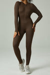 LC2631188-P1017-S, LC2631188-P1017-M, LC2631188-P1017-L, Coffee Solid Color Long Sleeve Zipped Ribbed Sports Jumpsuit
