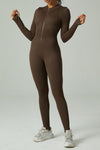 LC2631188-P1017-S, LC2631188-P1017-M, LC2631188-P1017-L, Coffee Solid Color Long Sleeve Zipped Ribbed Sports Jumpsuit