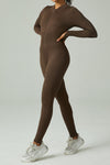 LC2631188-P1017-S, LC2631188-P1017-M, LC2631188-P1017-L, Coffee Solid Color Long Sleeve Zipped Ribbed Sports Jumpsuit