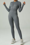 LC2631188-P2011-S, LC2631188-P2011-M, LC2631188-P2011-L, Dark Grey Solid Color Long Sleeve Zipped Ribbed Sports Jumpsuit