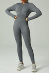 LC2631188-P2011-S, LC2631188-P2011-M, LC2631188-P2011-L, Dark Grey Solid Color Long Sleeve Zipped Ribbed Sports Jumpsuit