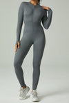 LC2631188-P2011-S, LC2631188-P2011-M, LC2631188-P2011-L, Dark Grey Solid Color Long Sleeve Zipped Ribbed Sports Jumpsuit