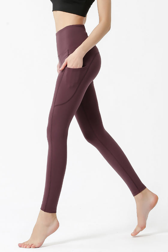 LC265396-P3017-S, LC265396-P3017-M, LC265396-P3017-L, LC265396-P3017-XL, Red Sandalwood Side Pocket Criss Cross Straps High Waist Sports Leggings