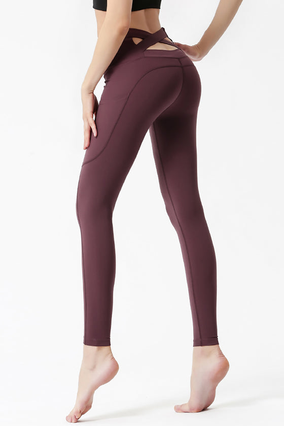 LC265396-P3017-S, LC265396-P3017-M, LC265396-P3017-L, LC265396-P3017-XL, Red Sandalwood Side Pocket Criss Cross Straps High Waist Sports Leggings