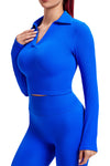 LC264602-P205-S, LC264602-P205-M, LC264602-P205-L, Sky Blue Solid Color Ribbed Long Sleeve Sports Yoga Crop Top