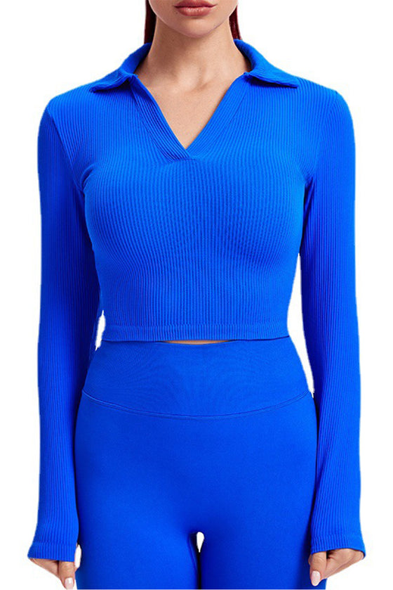 LC264602-P205-S, LC264602-P205-M, LC264602-P205-L, Sky Blue Solid Color Ribbed Long Sleeve Sports Yoga Crop Top