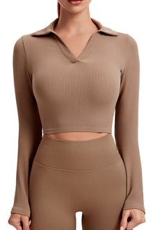  LC264602-P1016-S, LC264602-P1016-M, LC264602-P1016-L, Camel Solid Color Ribbed Long Sleeve Sports Yoga Crop Top