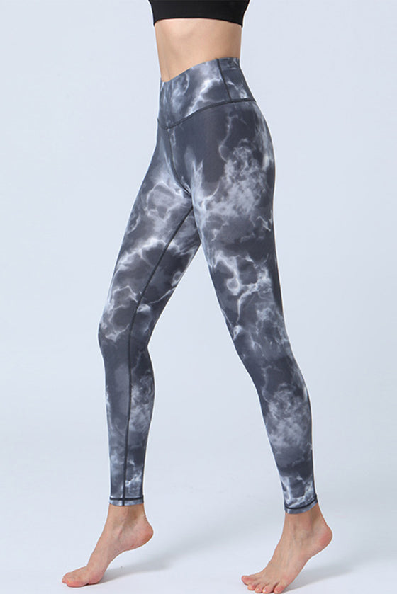 LC265397-P1120-S, LC265397-P1120-M, LC265397-P1120-L, LC265397-P1120-XL, Gray  Tie Dye Print High Waist Active Leggings