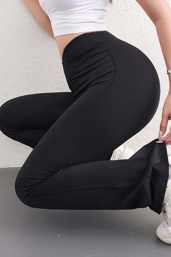 LC265416-P2-S, LC265416-P2-M, LC265416-P2-L, LC265416-P2-XL, Black Dip Waist Flare Bottom Active Pants