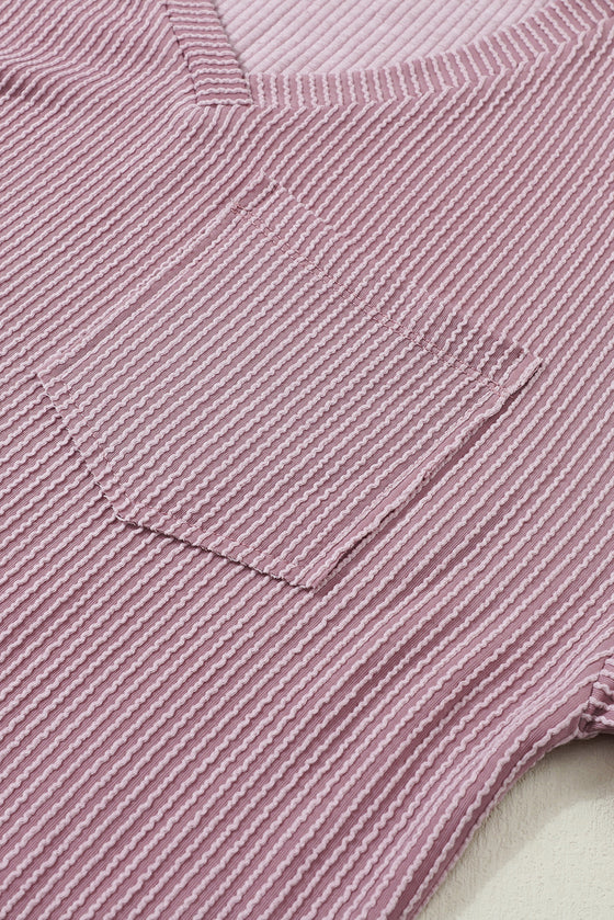 PACK25223174-P308-2, Valerian Corded V Neck Chest Pocket Loose T-shirt