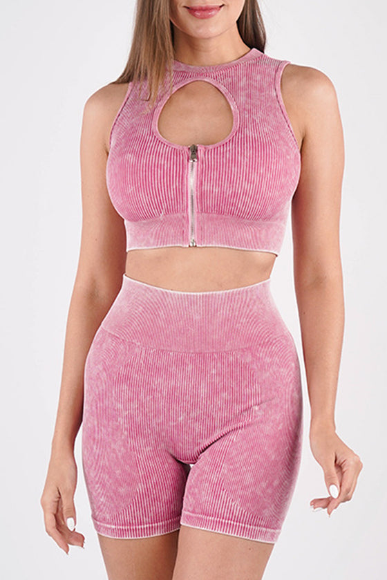 LC2611586-P10-S, LC2611586-P10-M, LC2611586-P10-L, Pink Ribbed Zip Up Cutout Crop Top With Shorts Active Set