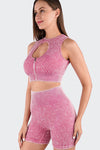 LC2611586-P10-S, LC2611586-P10-M, LC2611586-P10-L, Pink Ribbed Zip Up Cutout Crop Top With Shorts Active Set