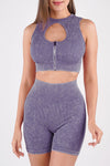 LC2611586-P108-S, LC2611586-P108-M, LC2611586-P108-L, Dark Purple Ribbed Zip Up Cutout Crop Top With Shorts Active Set