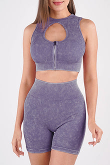  LC2611586-P108-S, LC2611586-P108-M, LC2611586-P108-L, Dark Purple Ribbed Zip Up Cutout Crop Top With Shorts Active Set