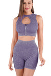 LC2611586-P108-S, LC2611586-P108-M, LC2611586-P108-L, Dark Purple Ribbed Zip Up Cutout Crop Top With Shorts Active Set