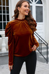 PACK25124200-P2017-1, Chestnut Frilled Collar Puff Sleeve Velvet Top