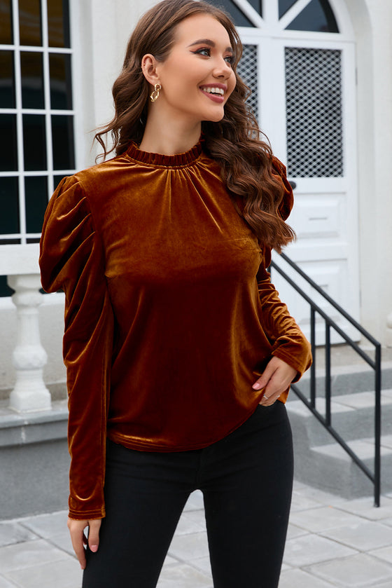 PACK25124200-P2017-1, Chestnut Frilled Collar Puff Sleeve Velvet Top