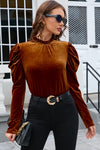 PACK25124200-P2017-1, Chestnut Frilled Collar Puff Sleeve Velvet Top