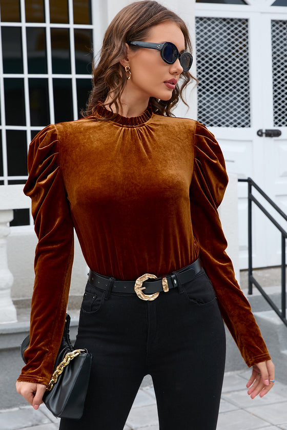 PACK25124200-P2017-1, Chestnut Frilled Collar Puff Sleeve Velvet Top
