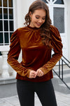 PACK25124200-P2017-1, Chestnut Frilled Collar Puff Sleeve Velvet Top
