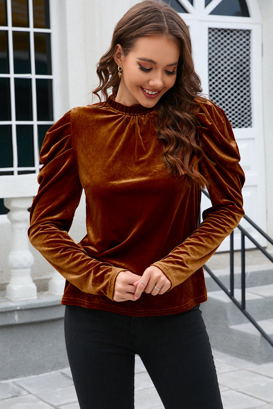 PACK25124200-P2017-1, Chestnut Frilled Collar Puff Sleeve Velvet Top