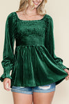 PACK25123661-P309-1, Blackish Green Smocked Ribbed Velvet Babydoll Top