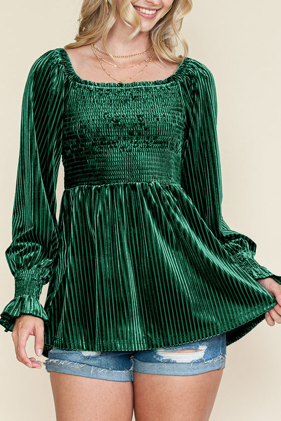 PACK25123661-P309-1, Blackish Green Smocked Ribbed Velvet Babydoll Top