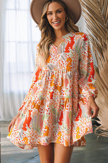  PACK6118198-P22-1, Multicolour Split Neck Puff Sleeve Flowy Printed Dress