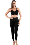 LC2611584-P2-S, LC2611584-P2-M, LC2611584-P2-L, Black Seamless Ribbed Spaghetti Straps Bra Leggings Sports Set