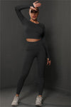 PACK2611590-P2-1, Black Solid Long Sleeve Two Piece Yoga Set