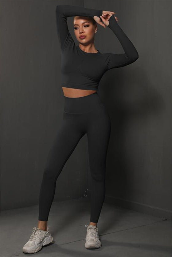 PACK2611590-P2-1, Black Solid Long Sleeve Two Piece Yoga Set