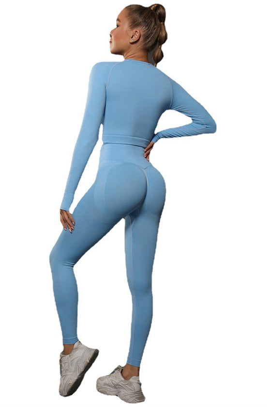 PACK2611590-P304-1, Sky Blue Solid Long Sleeve Two Piece Yoga Set