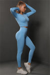 PACK2611590-P304-1, Sky Blue Solid Long Sleeve Two Piece Yoga Set