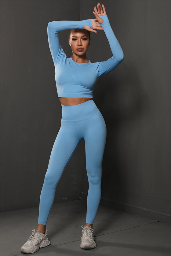PACK2611590-P304-1, Sky Blue Solid Long Sleeve Two Piece Yoga Set