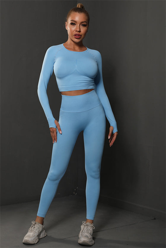 PACK2611590-P304-1, Sky Blue Solid Long Sleeve Two Piece Yoga Set