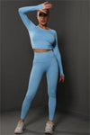 PACK2611590-P304-1, Sky Blue Solid Long Sleeve Two Piece Yoga Set