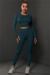 PACK2611590-P1709-1, Sea Green Solid Long Sleeve Two Piece Yoga Set