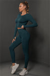 PACK2611590-P1709-1, Sea Green Solid Long Sleeve Two Piece Yoga Set