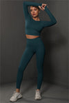 PACK2611590-P1709-1, Sea Green Solid Long Sleeve Two Piece Yoga Set