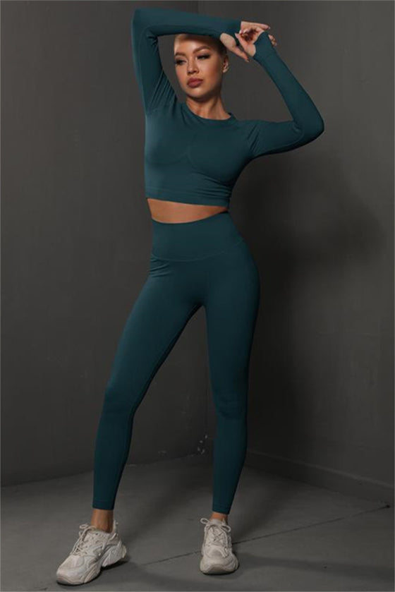 PACK2611590-P1709-1, Sea Green Solid Long Sleeve Two Piece Yoga Set