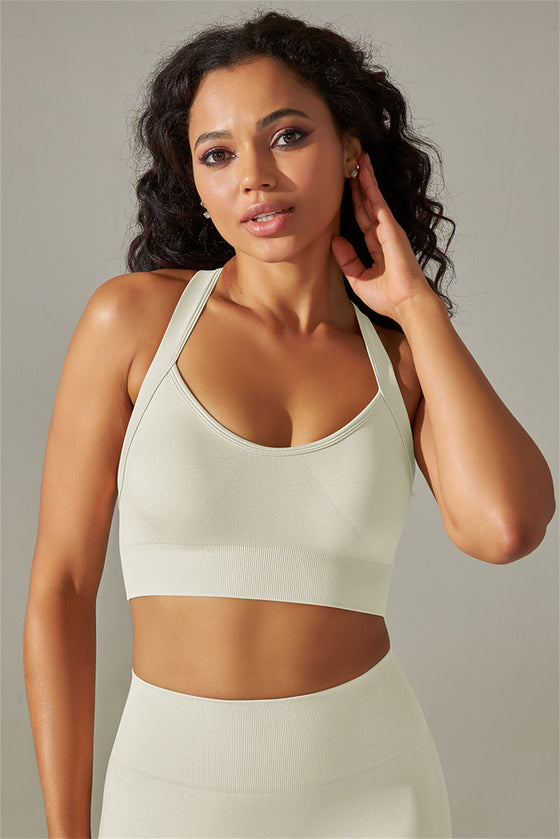 LC264618-P1-S, LC264618-P1-M, LC264618-P1-L, LC264618-P1-XL, White Active Cropped Sleeveless Straps Yoga Bra