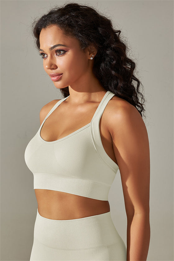 LC264618-P1-S, LC264618-P1-M, LC264618-P1-L, LC264618-P1-XL, White Active Cropped Sleeveless Straps Yoga Bra