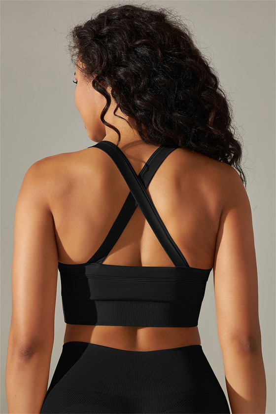 LC264618-P2-S, LC264618-P2-M, LC264618-P2-L, LC264618-P2-XL, Black Active Cropped Sleeveless Straps Yoga Bra
